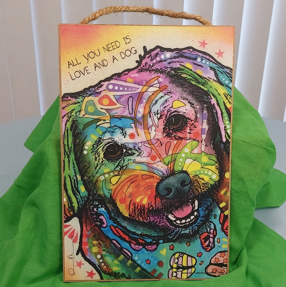 'All You Need is Love and a Dog' Dean Russo Wood Plaque Sign 7"x 10.5"